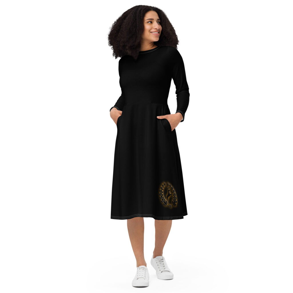 Kcam Black Long-Sleeve Midi Dress
