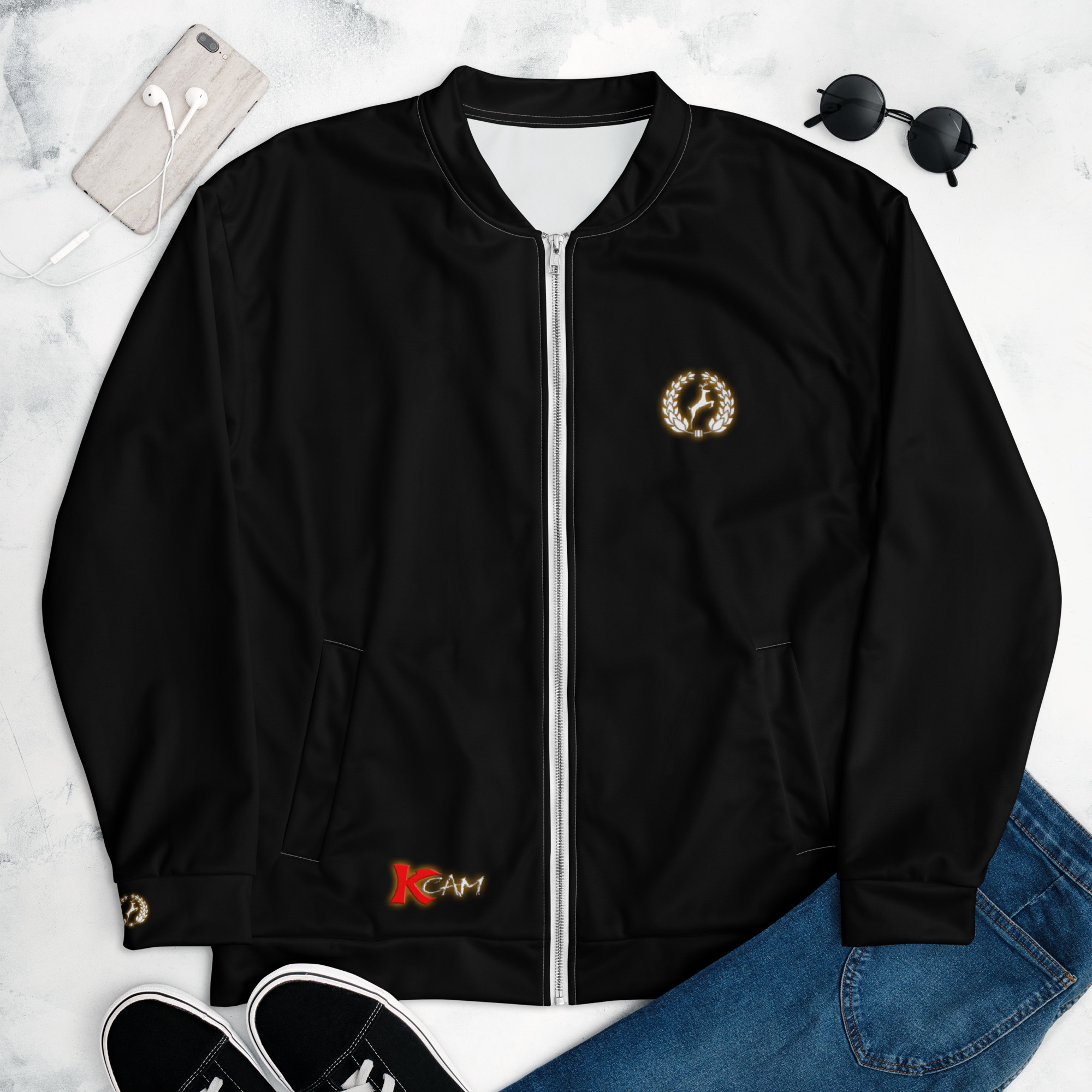Kcam Unisex Bomber Jacket (Burned Emblem, Black)